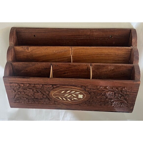 Hanging Mail Organizer Carved Designed Wood Floral Pattern/India - Picture 3 of 11